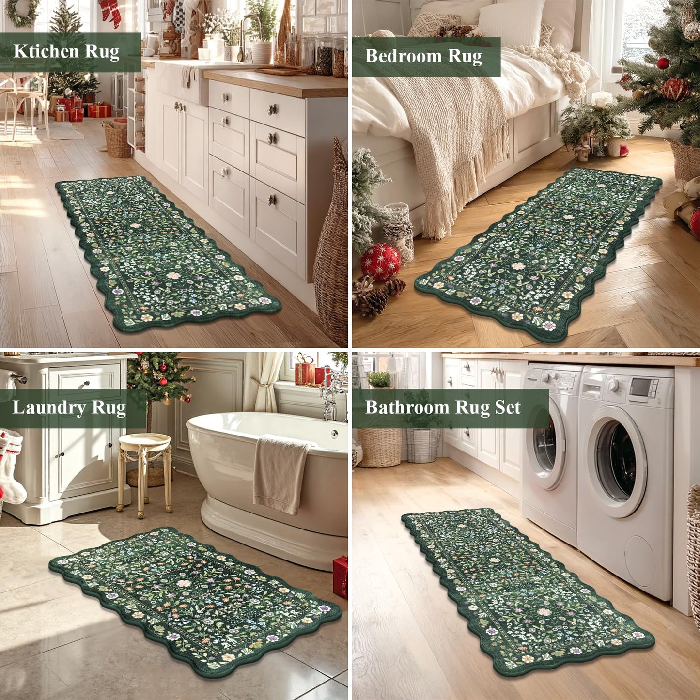 Yamaziot Anti Fatigue Kitchen Rugs Set of 3 - Boho Non Slip Waterproof Kitchen Mats for Floor, Boho Runner Rug for Kitchen Floor, Laundry, Office, 17.3"x29"+17.3"x35"+17.3"x47", Green & Black