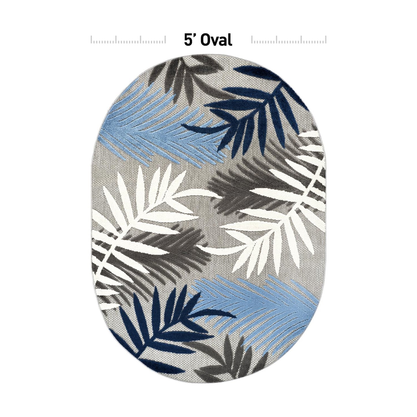 Rugshop Blue Palm Frond Indoor/Outdoor Oval Area Rug Easy Cleaning for Patio, Deck and Living Room, 5' x 7' Oval