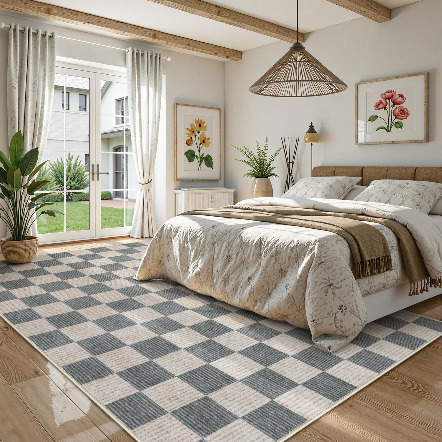 LIVEBOX Machine Washable Area Rug 6x9 Checkered, Non Slip Soft Large Bedroom Living Room Rug Farmhouse Neutral Classic Geometric Pattern Boys Rug, Indoor Carpet for Den Dorm Playroom(Grey,6'x9')