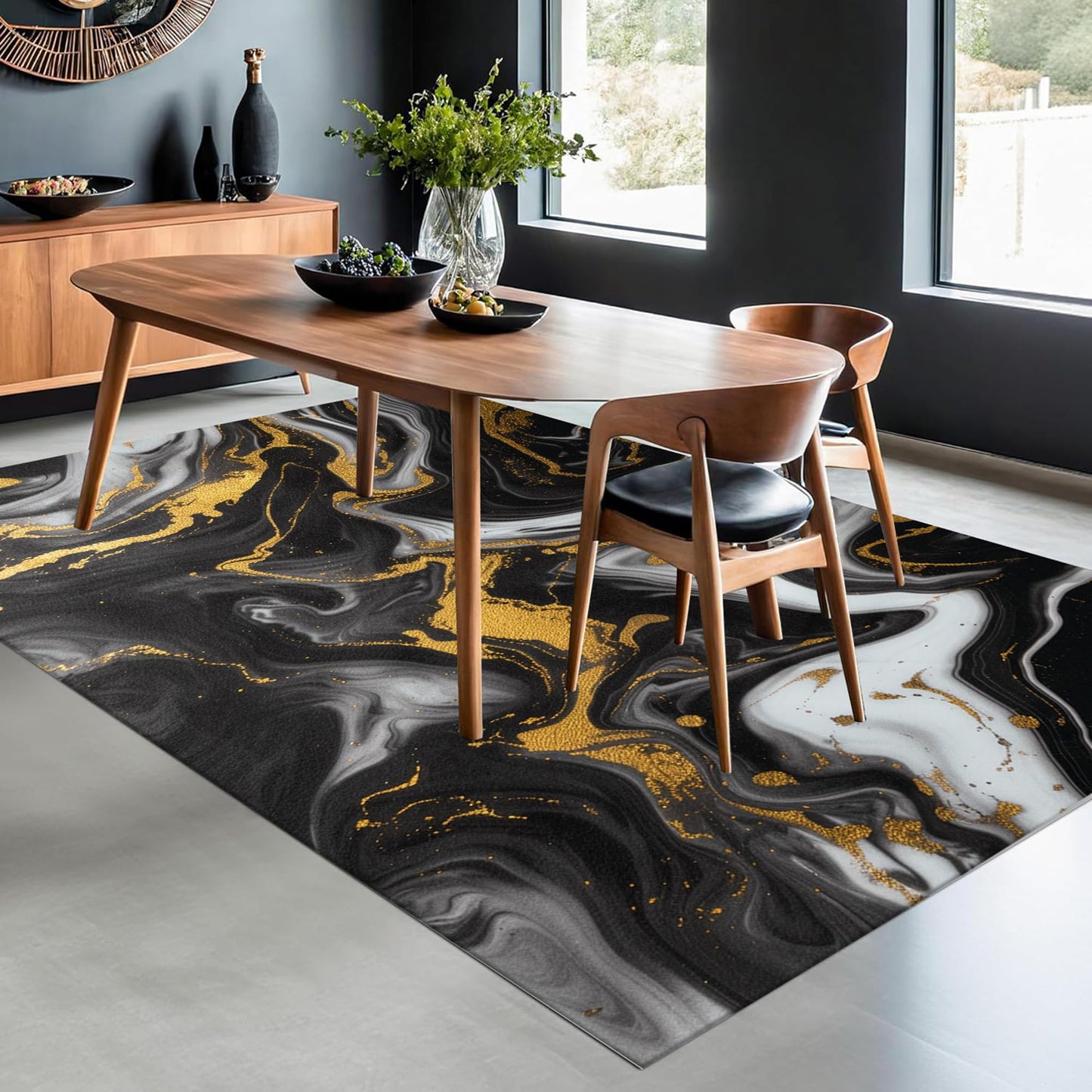 EDGZKO Black and Gold Area Rug: 6x9 Feet Abstract Black Marble Rugs for Living Room Washable Non Slip Floor Carpet Aesthetic Doormat for Dining Room Bedroom Kitchen Dorm Office