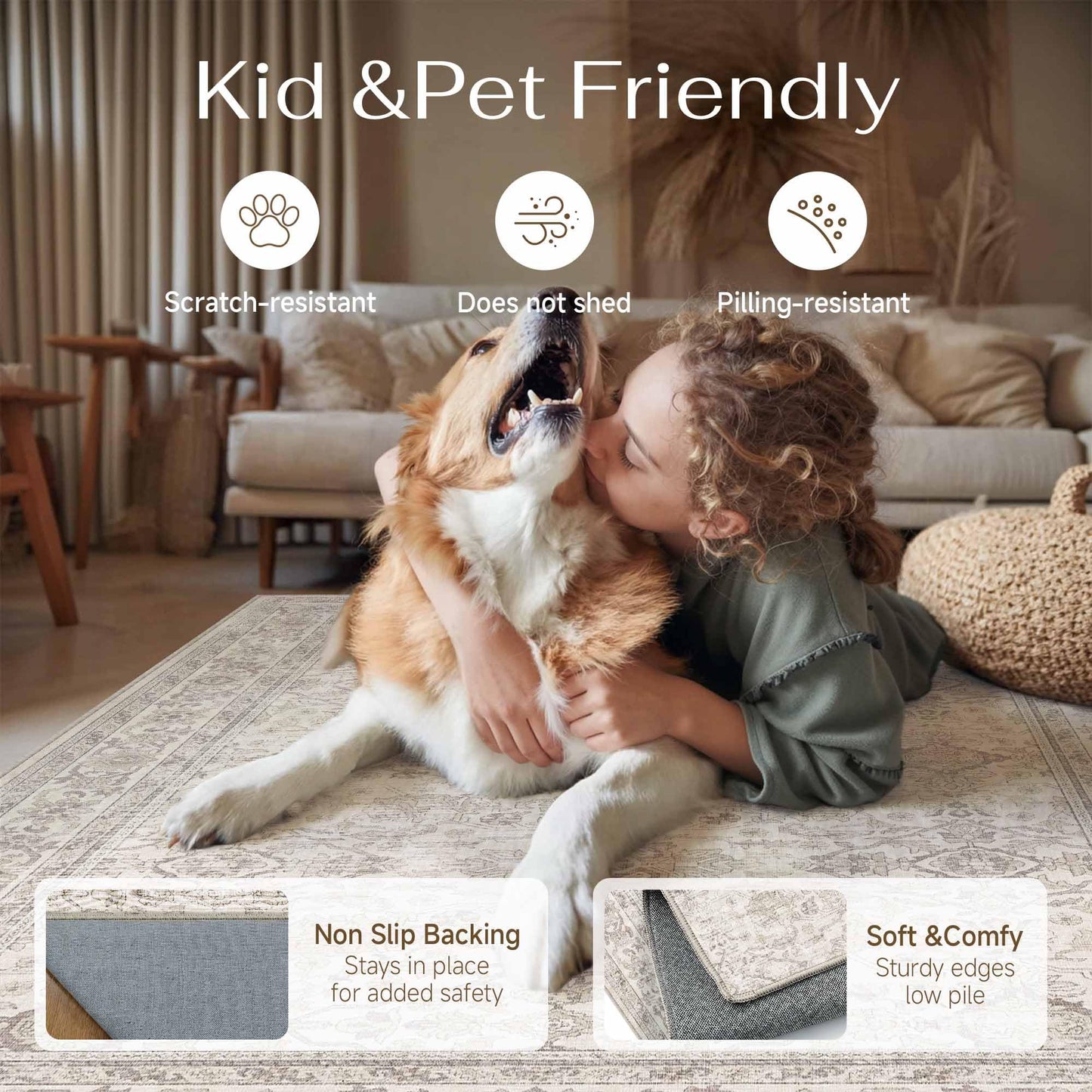 HUGEAR 2x3 Entryway Area Rug Vintage Beige Small Rug Machine Washable Door Mat Neutral Floral Low Pile Carpet Vacuumable Thin Throw Rug Entrance Kitchen Bathroom Bedroom Non Slip Lightweight