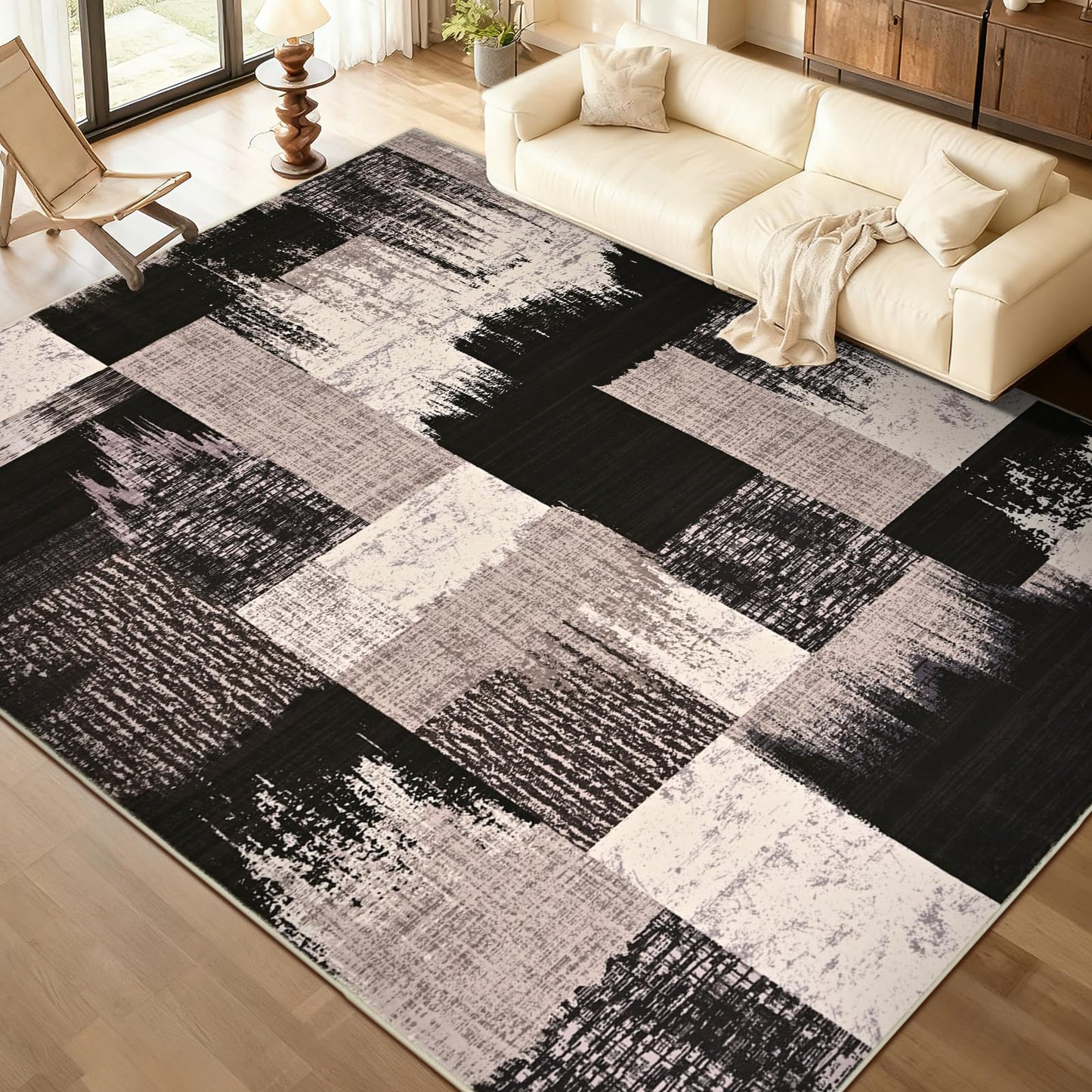 Yinhua Modern Geometric 8x10 Area Rugs, Patchwork Brown Rugs for Living Room Washable Abstract Rug Non Slip, Low Pile Bedroom Rug Stain Resistant, Mid Century Carpet for Dining Room, Office