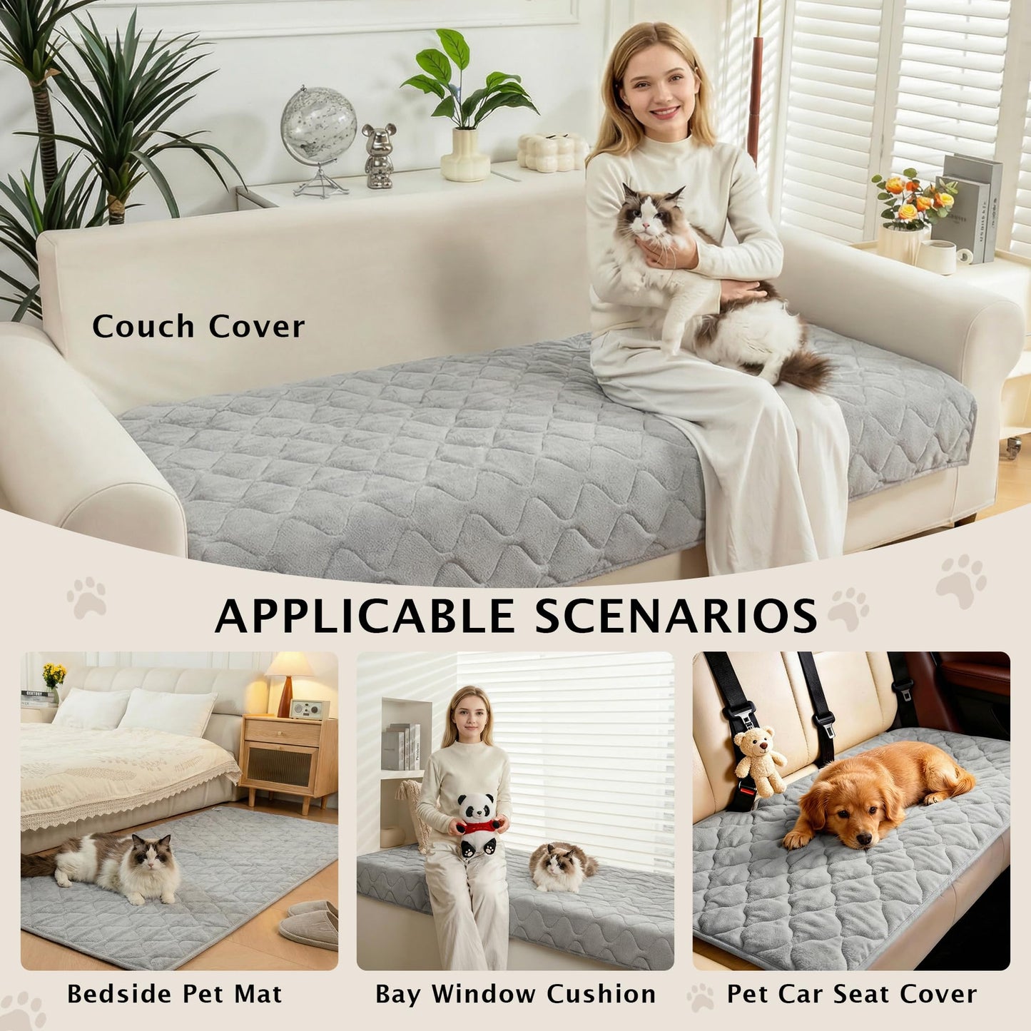 PuTian Waterproof Couch Cover for Dogs - Washable Sectional Sofa Cover with Non-Slip Straps, Pet Friendly Couch Protector & Dog Mat - 36''X63'' 90cmX160cm Light Gray