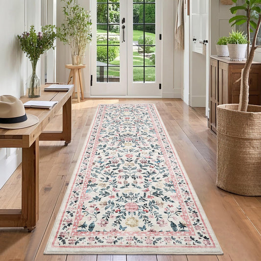 GarveeHome Washable Runner Rug 2 x 6 Non-Slip Non-Shedding Soft Vintage Bedside Rug, Low Pile Farmhouse Floral Carpet, Indoor Foldable Printed Entryway Rug for Hallway Kitchen, Pink