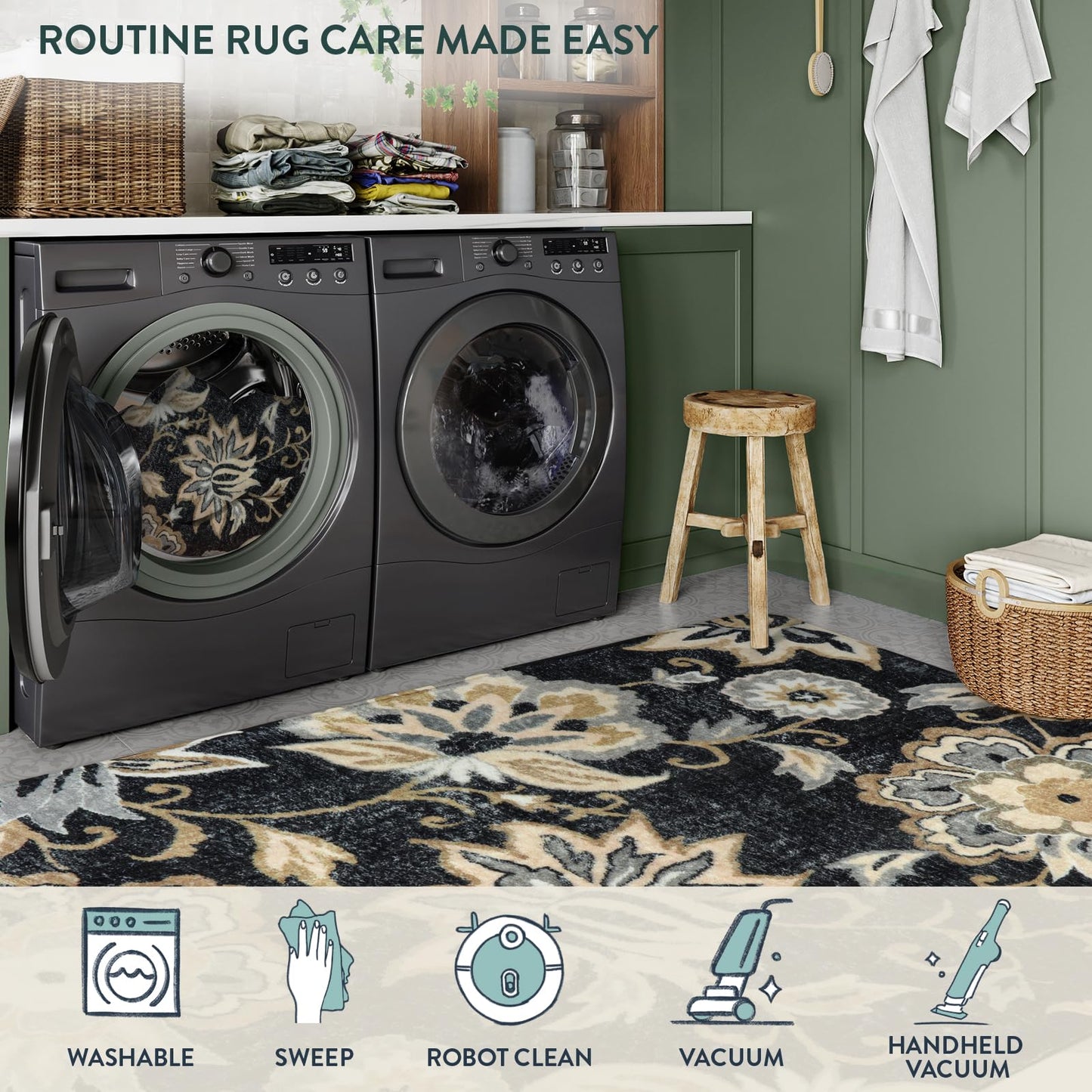 Lahome Floral Black Washable Area Rug 4x6, Non-Slip Ultra-Thin Soft Accent Stain Resistant Indoor Area Rug, Paisley Print Carpet for Bedroom, Living Room, Entryway, Kitchen, Laundry