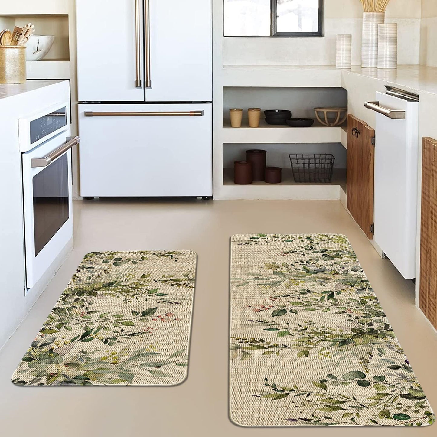 HSOWKDN Sage Green Eucalyptus Spring Kitchen Rugs Sets of 2 Non Slip Washable, Botanical Leaves Summer Spring Kitchen Mats for Floor 2 Piece Home Decor