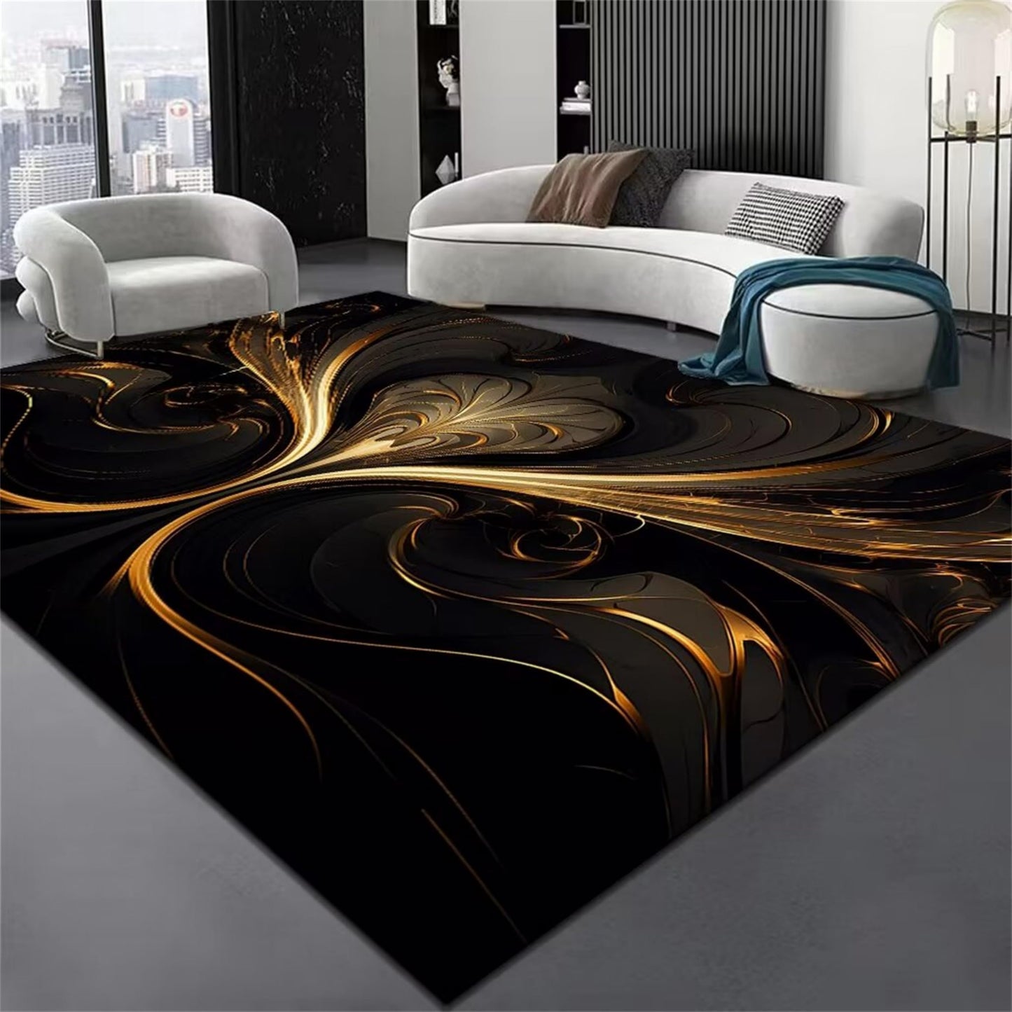 Black and Gold Ripple Rug, Gilt Heart, Soft Non-Shedding Washable Rugs with Non-Slip Backing, Low Pile Floor Mat Indoor Carpet 2x3ft