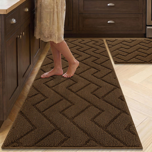 hicorfe Kitchen Runner Rugs and Mats Sets,2 Pieces Absorbent Non-Slip Kitchen Rug,Comfort Kitchen Mat for Floor,Washable for Kitchen,Hallway,Office,Sink,Laundry(20"x48"+20"x32",Dark Brown)
