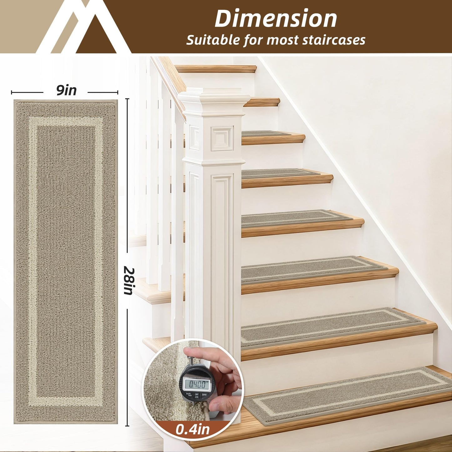 COSY HOMEER Soft Stair Treads 15pcs Non-Slip Carpet Mat 28inX9in Indoor Stair Runners for Wooden Steps,Stair Rugs for Kids and Dogs, 100% Polyester TPE Backing Beige