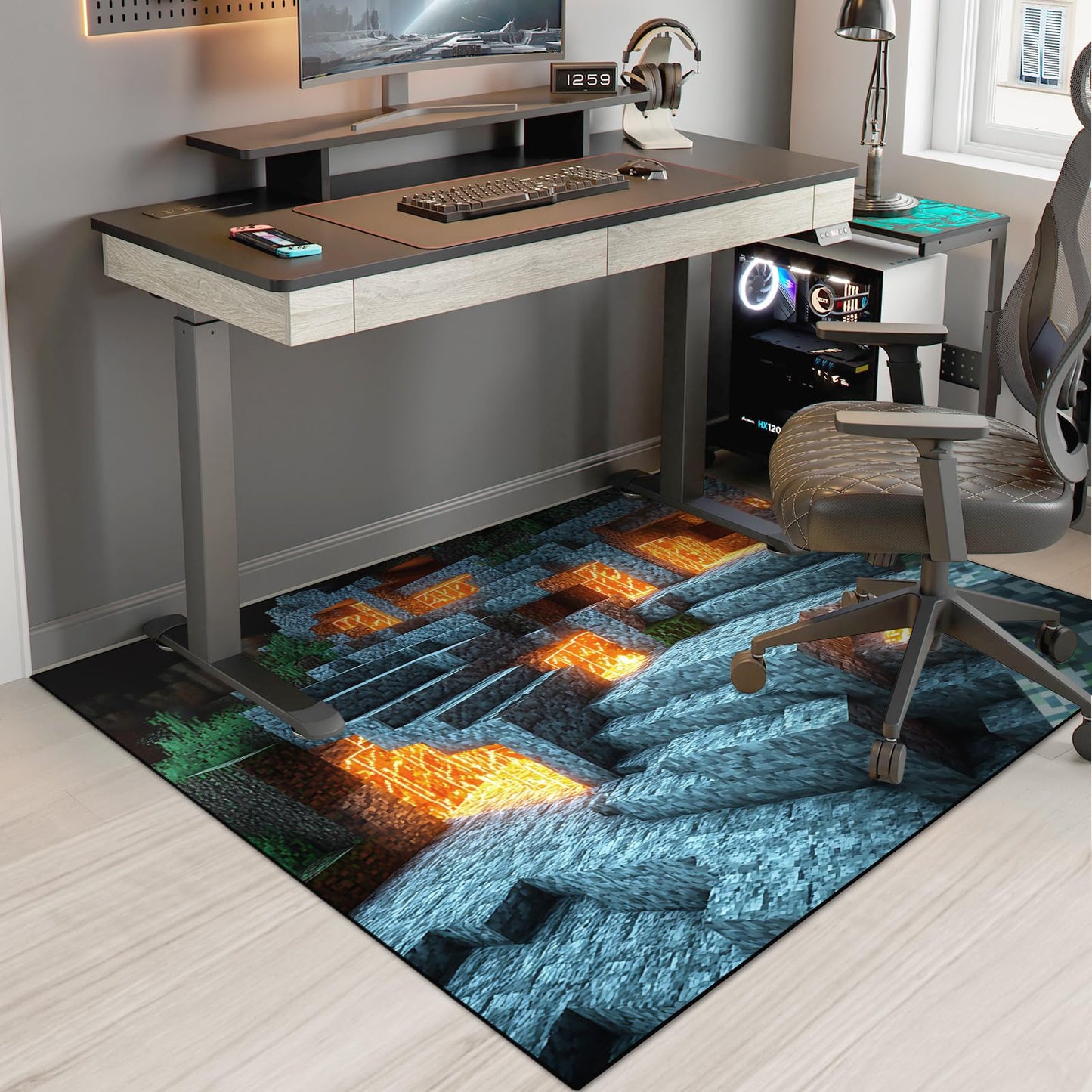 Block Game Rug Teen Kids Carpet, Pixel Games Scene Decoration Mat, Washable Game Rugs for Boy’s Bedroom Living Room Playroom, Non-Slip Children Gaming Area Rugs (Blue Rock Lava, 60" x 40")