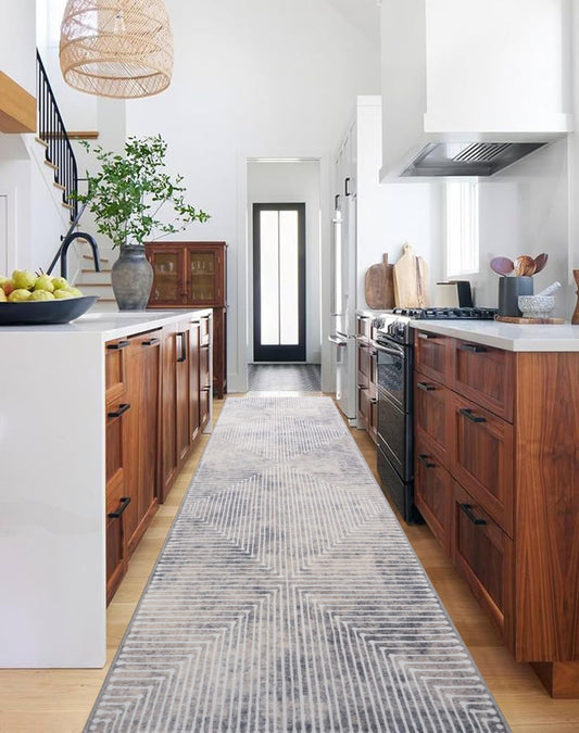 GLN Rugs Contemporary - Ephesus - Machine Washable Runner Rug, Modern Washable, Non Slip, Low Pile Area Rug, Hallway, Bedroom, Kitchen Rug - Easy Clean (2'6" x 10' Lines Cream)