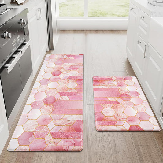 Likiyol Marble Kitchen Rugs Set of 2 Kitchen Mats for Floor Anti Fatigue Mats for Kitchen Floor, Pink Ombre Kitchen Rugs Non Slip Washable Comfort Standing Kitchen Decor Mat, 18'' x 48'' + 18'' x 30''
