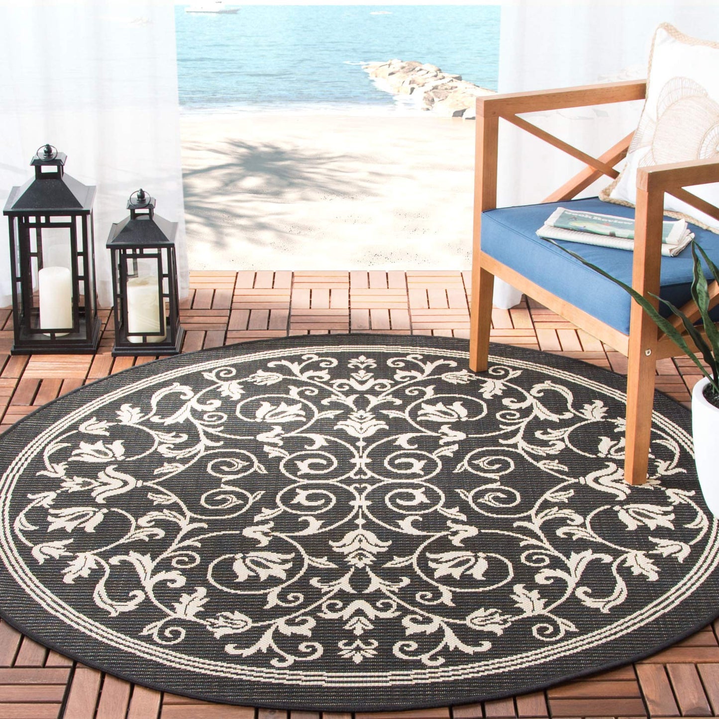 SAFAVIEH Washable Rug Outdoor Courtyard Collection - 4' Round, Black & Sand, Non-Shedding & Easy Cleaning, Ideal for Patio, Backyard, Mudroom (CY2098-3908)