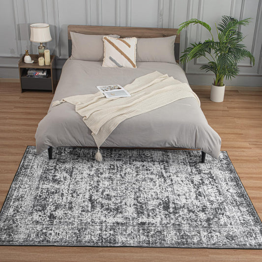 Washable Area Rug 4x6 – Charcoal Grey Distressed Vintage Carpet for Modern Living – Low Pile Mat for Bedroom, Entryway, Office, Kitchen or High Traffic Areas