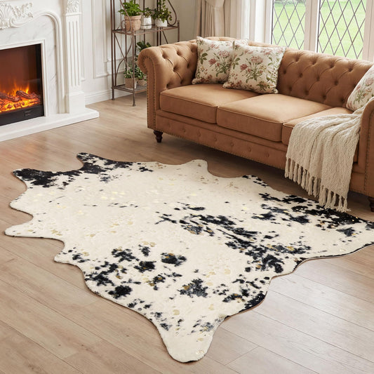 JONIYEAR Large Durable Faux Cowhide Area Rug 4.9 x 6.56 Feet, Premium Cow Print Rug for Living Room Bedroom, Durable Faux Fur Animal Cow Hide Carpet for Western Farmhouse Decor, Black and Gold Spot