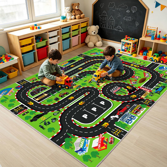 Quntue Kids Play Rug 4x5 Ft, Non-Slip Race Track Car Rug Play Mat, Washable Soft Road Carpet for Boys Room, Playroom, Bedroom, Nursery, Classroom