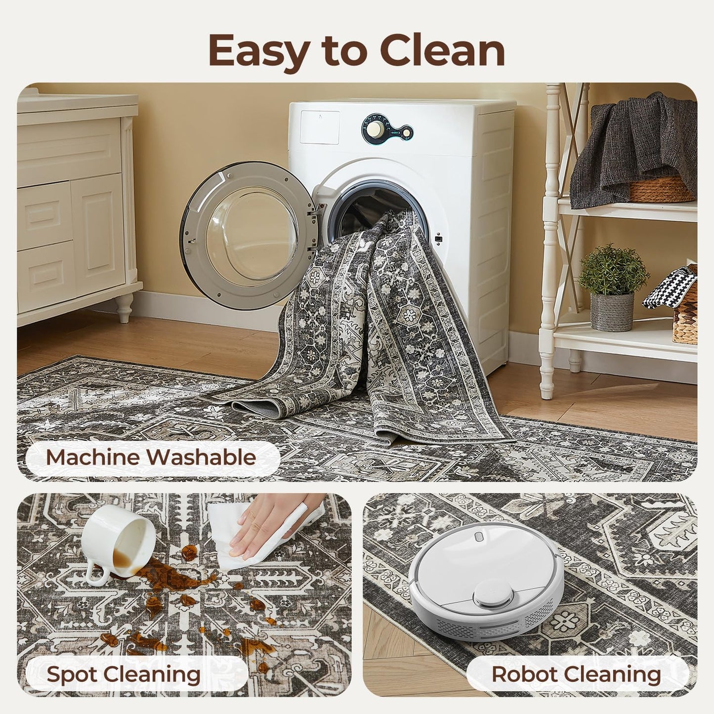 WITSHOCK Living Room Area Rugs 5x7: Washable Rug Boho Soft Non-Slip Low Pile Stain Resistant Foldable Carpet for Bedroom Playroom Dining Room Office Kitchen Farmhouse Home Decor Rug-Bitter Black