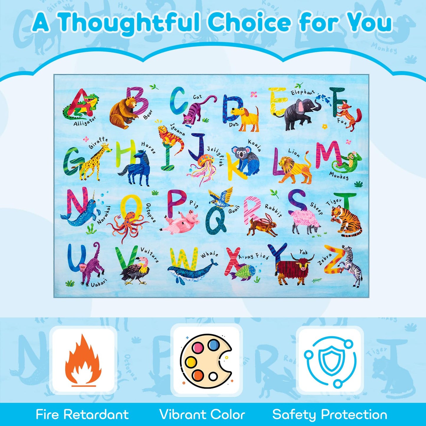 Rogara 6x9 ABC Classroom Rug for Kids Playroom, Alphabet Rug with 26 Animals, Non-Slip Washable Kids Carpet, Educational Preschool Play Mat for Daycare, Nursery, Toddler Bedroom