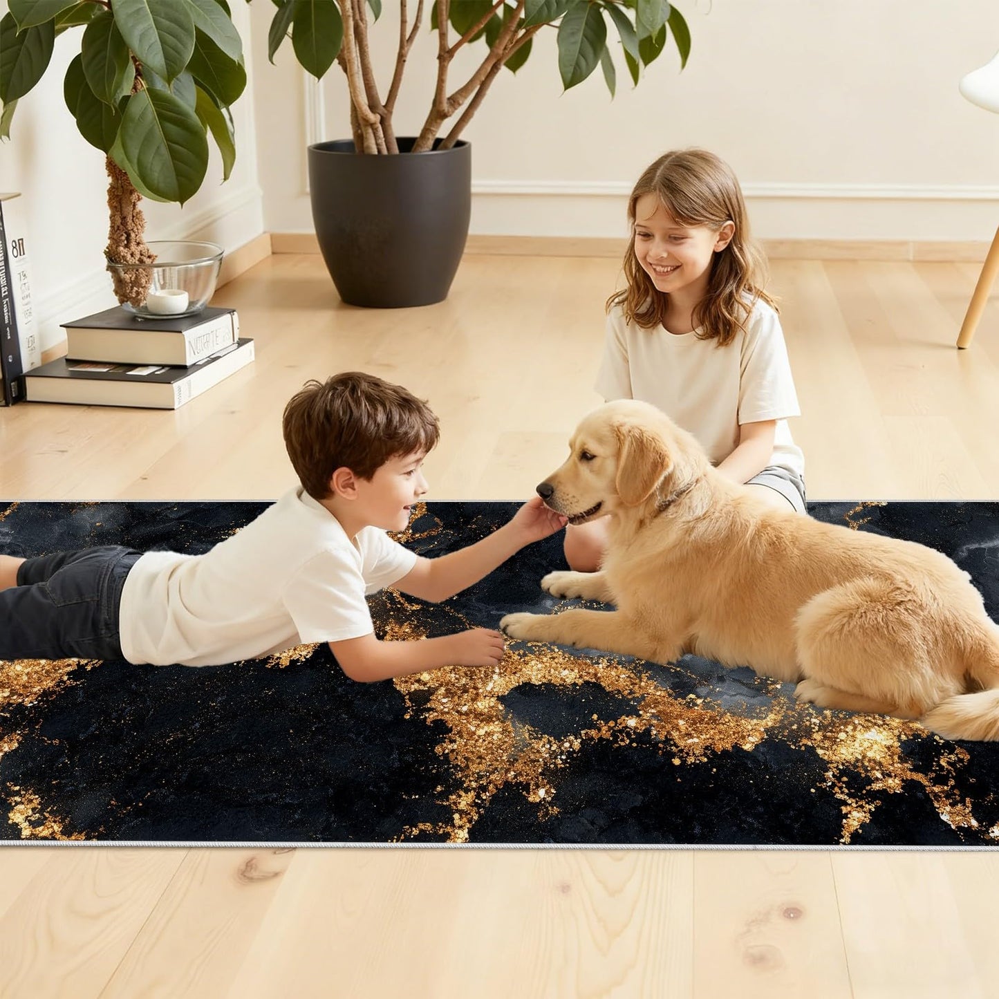 Marble Runner Rug, Black and Gold Runner Rug, 3x10ft Marble Runners for Hallways Non Slip, Soft Washable Floor Runners for Entryway Kitchen Indoor Hallway Rugs Low Profile #K259