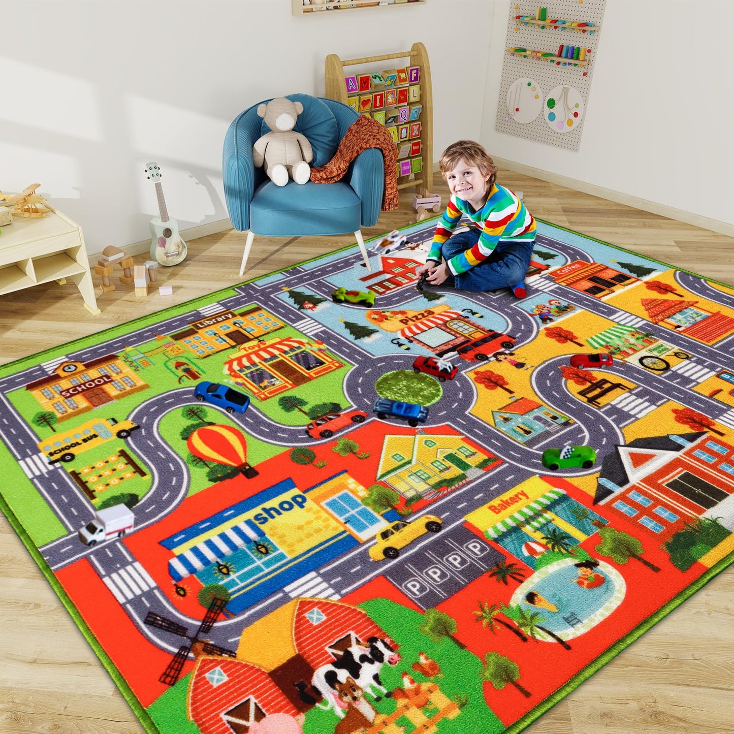 Car Rugs for Kids Toy Cars, Non-Slip Traffic Road Rug for Playroom, City Map Race Track Carpet Washable Kids Rug for Boys Bedroom Classroom (59X39.4 INCH, Four Season)