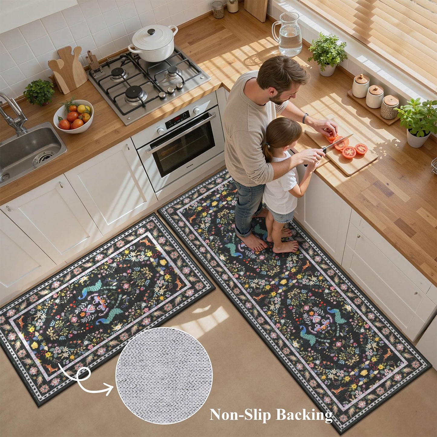 HEBE Washable Kitchen Rugs Sets of 3, Non Slip Absorbent Kitchen Rugs and Mats, Farmhouse Stain Resistant Kitchen Mat Carpet Runner for Kitchen Floor, Laundry Room, Hallway