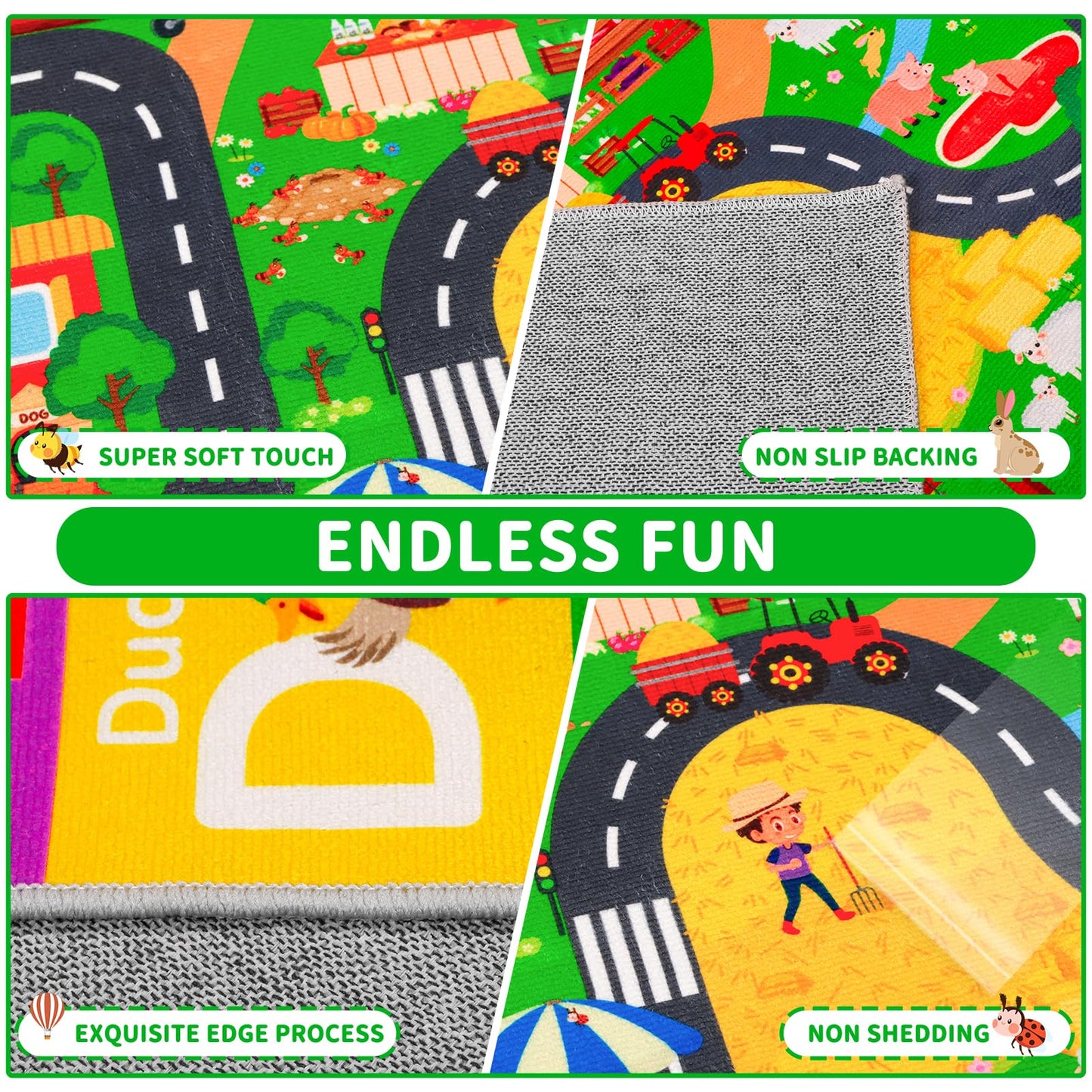 DINSUMRUG Kids Rugs for Toy Cars Playroom 59"×39.4" ABC Farm Life Road Traffic Kids Car Road Rugs Village Map Play Mat for Boys Room Family Tummy Time Playtime Learning Carpet