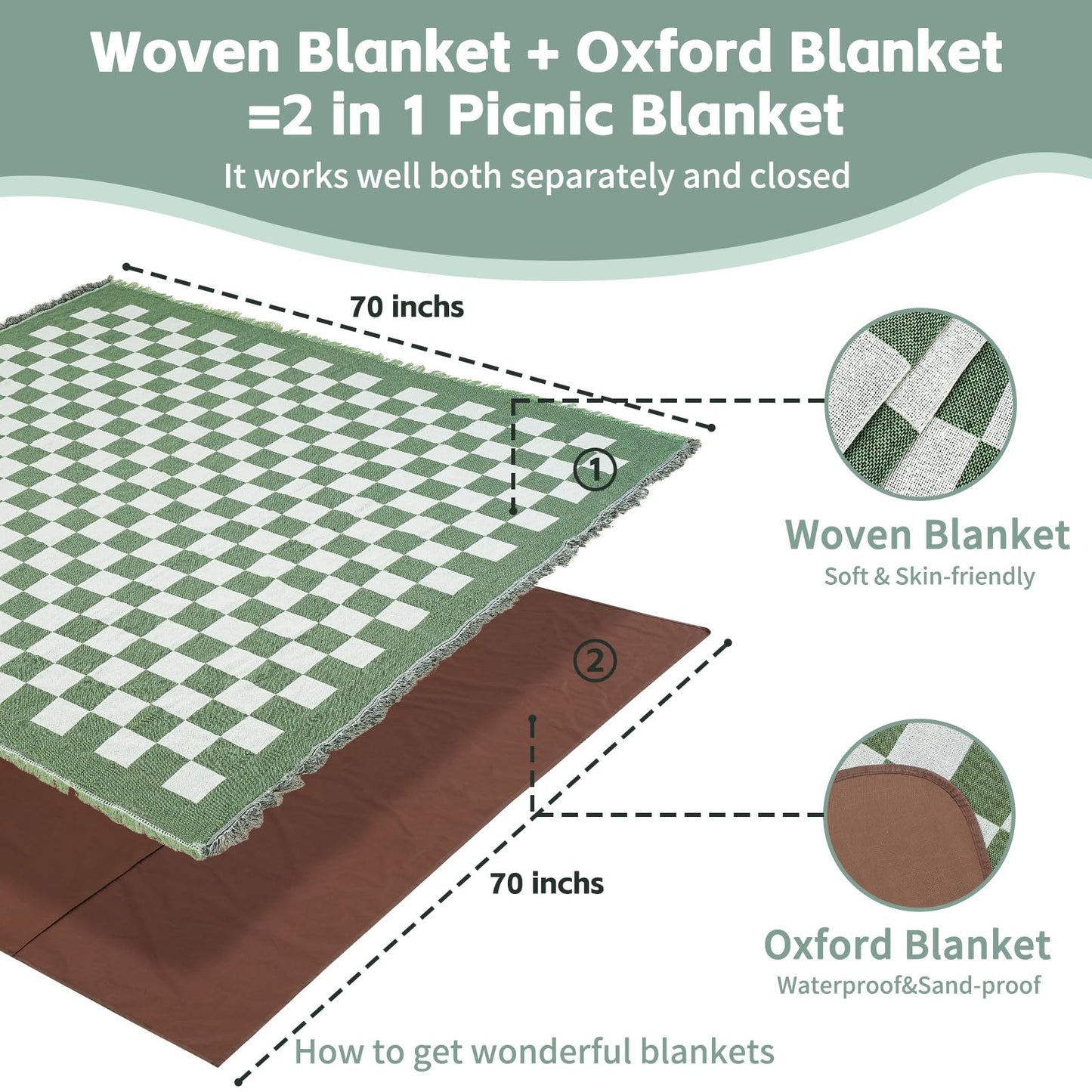 2 in 1 Extra Large Camping Blanket Outdoor Rug Picnic Yoga Mat Lightweight Car Essential Roadtrip Gadget Rv Accessories Glamping Gear Must Haves Hiking Stuff Backpacking Necessities Women Beach Gift