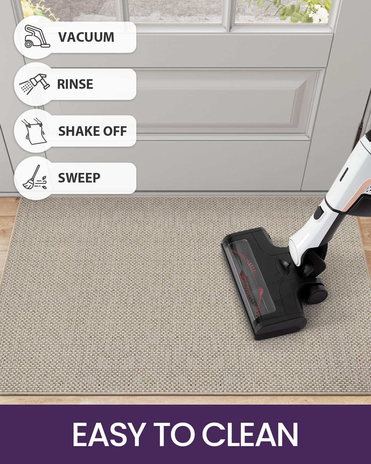 DEXI Ultra Thin Door Mat Indoor Entrance 24x36, Non Slip Rubber Backed Entryway Mats Dirt Trapper, Low Profile Front Doormat for Inside Entry, Patio, Porch, Beige
