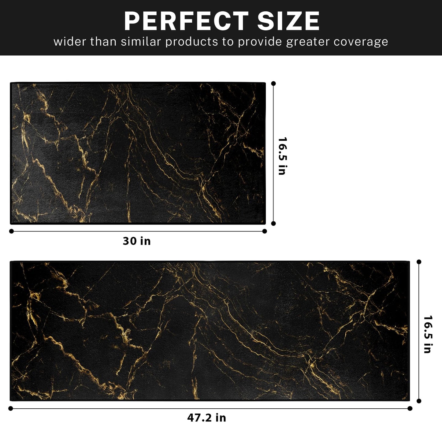 ArtSocket Kitchen Mats Non Skid Washable Set of 2, Marble Black Abstract Runner Rug, Marble Golden Gold Floor Under Sink Mat Throw Rug for Kitchen Doormat