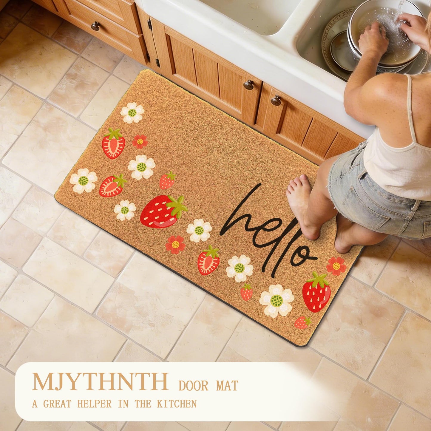 MJYTHNTH Strawberry Hello Door Mat Doormat for Front Door Outdoor Indoor, Spring Summer Strawberry Daisy Floral Welcome Mat Porch Rugs Outside Entrance, 17x30 Inches