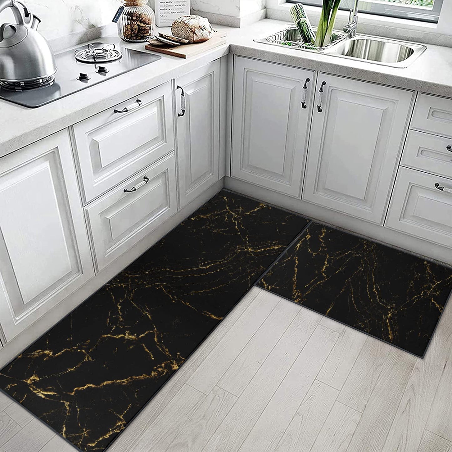 ArtSocket Kitchen Mats Non Skid Washable Set of 2, Marble Black Abstract Runner Rug, Marble Golden Gold Floor Under Sink Mat Throw Rug for Kitchen Doormat