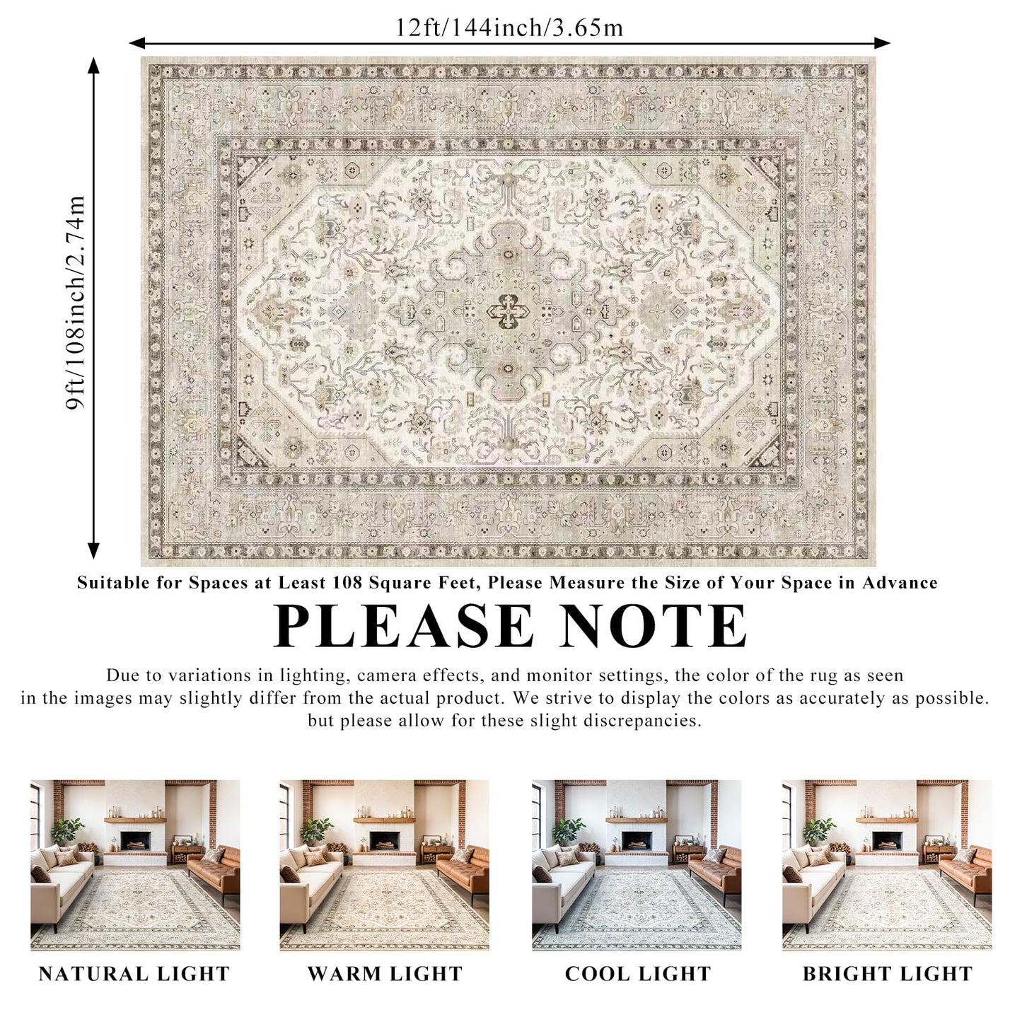 HILORUUG Washable Area Rug 9x12 - Bedroom Living Room Large Indoor Oriental Rugs - 0.13inch Low Pile Stain Resistant Rugs with Rubber Backing for at Least 108 sq ft Spaces (9x12 Ivory/Multi)