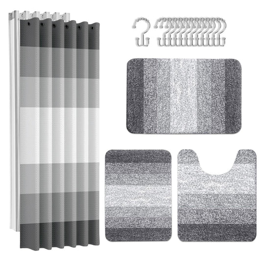 Britimes Grey Stripes Bathroom Sets with Shower Curtain and Rugs, Ombre Modern Minimalist Striped Waterproof Shower Curtain Liner and Soft Non Slip Bath Mat for Bathroom Decor and Accessories Hooks