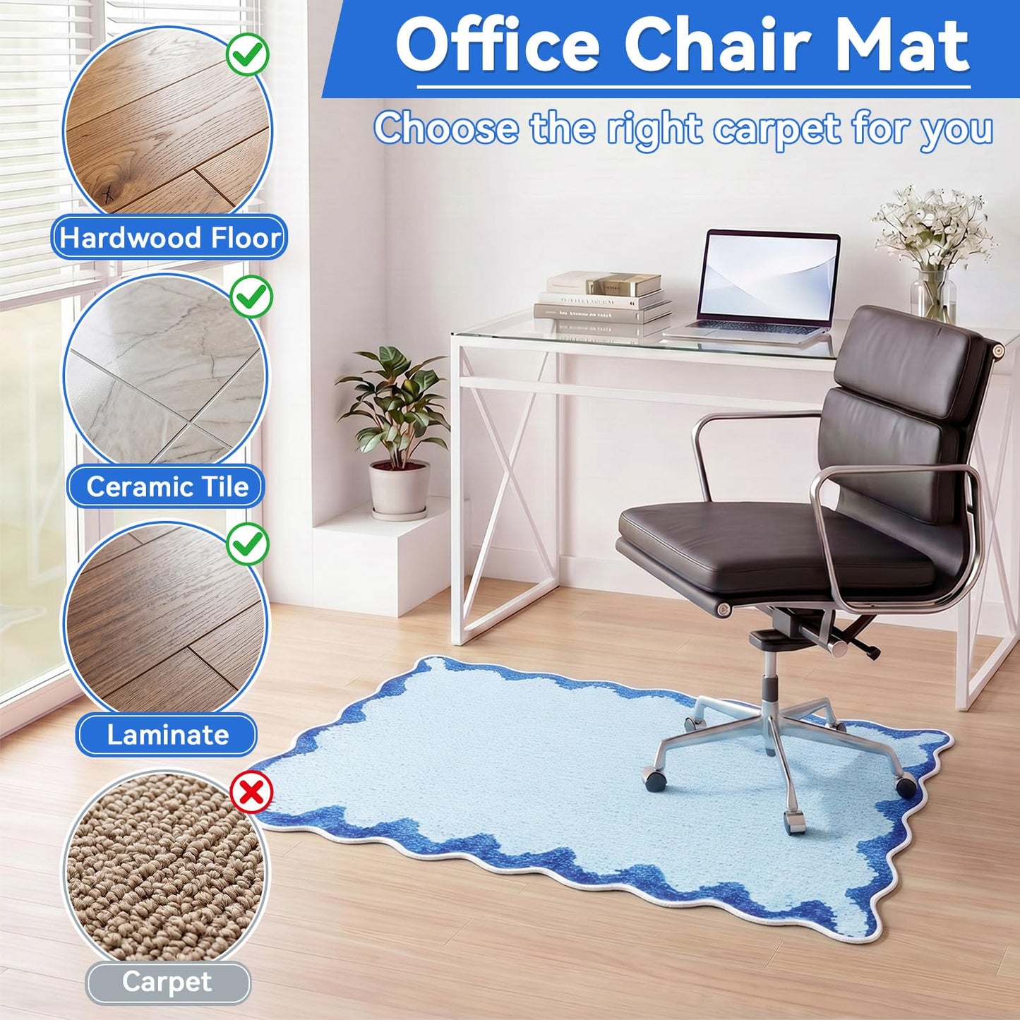 Breling Office Chair Mat for Hardwood Floor & Tile Floor, 36" x 48" Large Anti-Slip Floors Protector, Under Desk Gaming Rug for Rolling Computer Chair for Office Home(Scallop Edge,Blue)