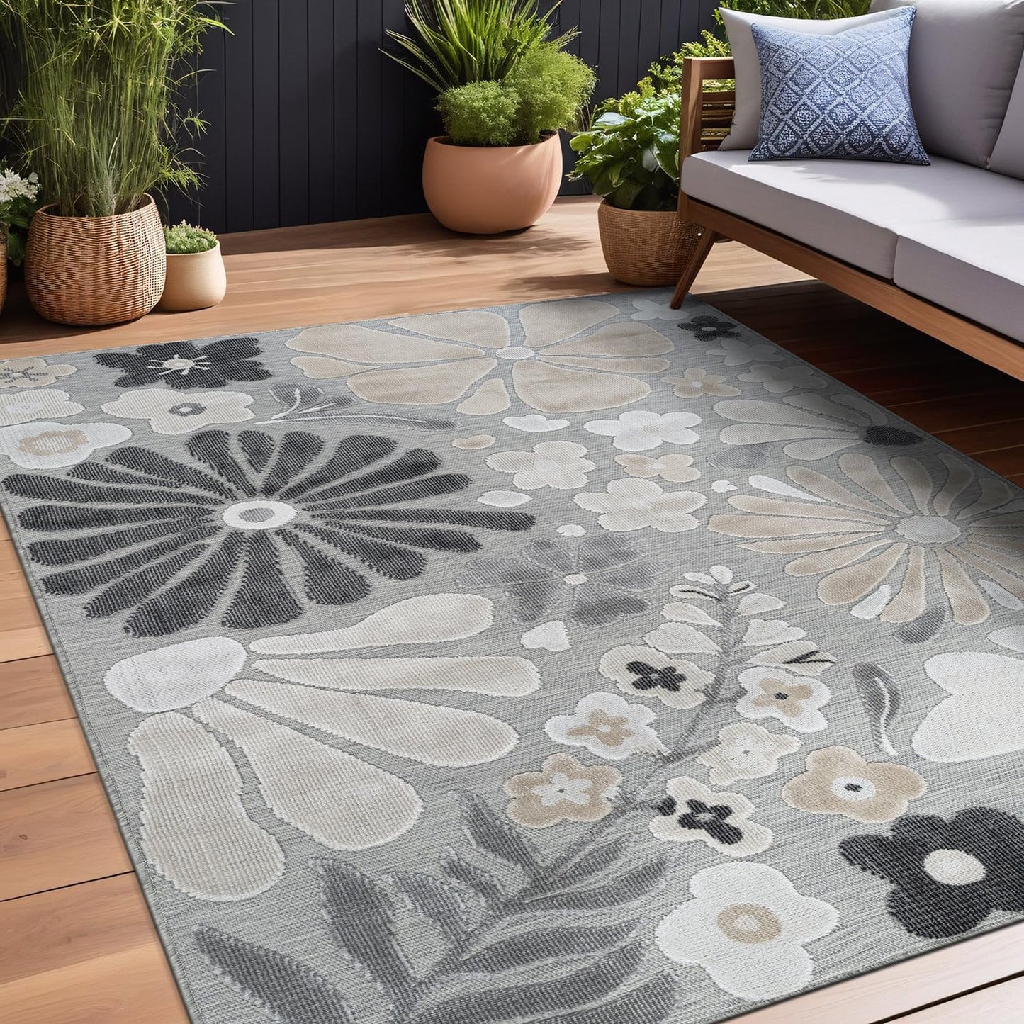 Beverly Rug Outdoor Rug 5x7 Modern Floral Tropical Area Rugs for Outdoor and Indoor Patio Easy to Clean Non Shedding Living Room Porch Garden Washable Outside Carpet (5 x 7 Beige)