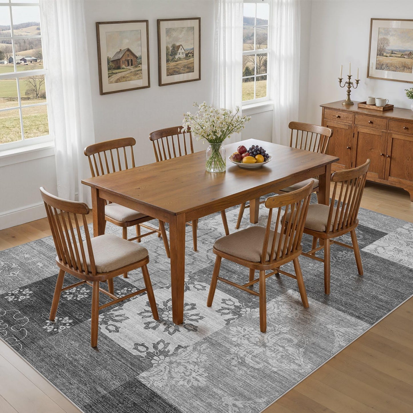 UERMEI 8x10 Area Rug Washable, Gray Modern Geometric Rugs for Living Room, Non-Slip Patchwork Carpet, Stain Resistant Low-Pile Foldable Rug for Bedroom Dining Room