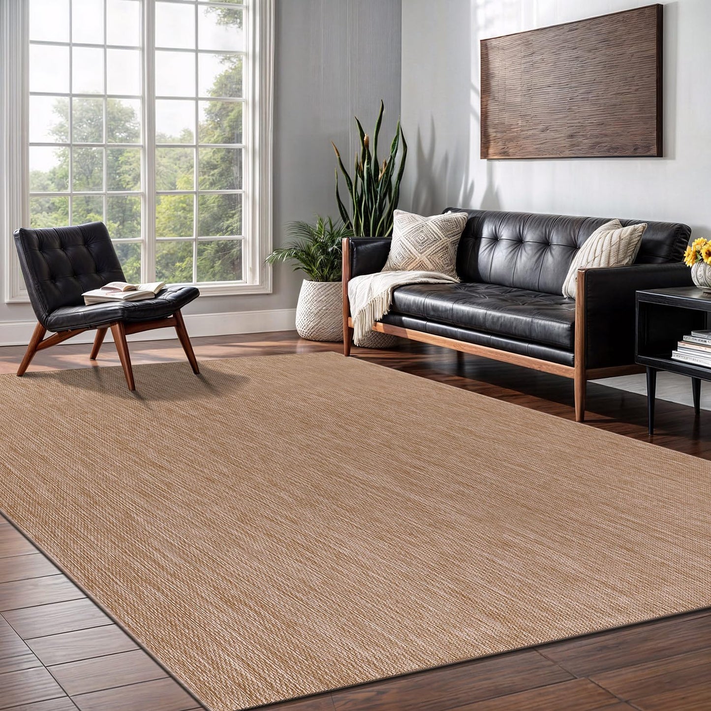 Washable Indoor Outdoor Rug 5x7 Weather Resistant Area Rugs Modern Solid Jute Rug for Porch Deck Balcony Backyard Patio Outside Carpet (5 X 7 Jute Beige)