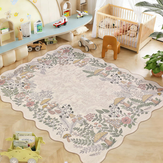Garvee Scalloped Washable Rug 5x7 Area Rugs for Living Room, Botanical Mushroom Rug for Bedroom, Low Pile Non Slip Throw Rugs Indoor Modern Carpet for Nursery Playroom Dining Room, Beige