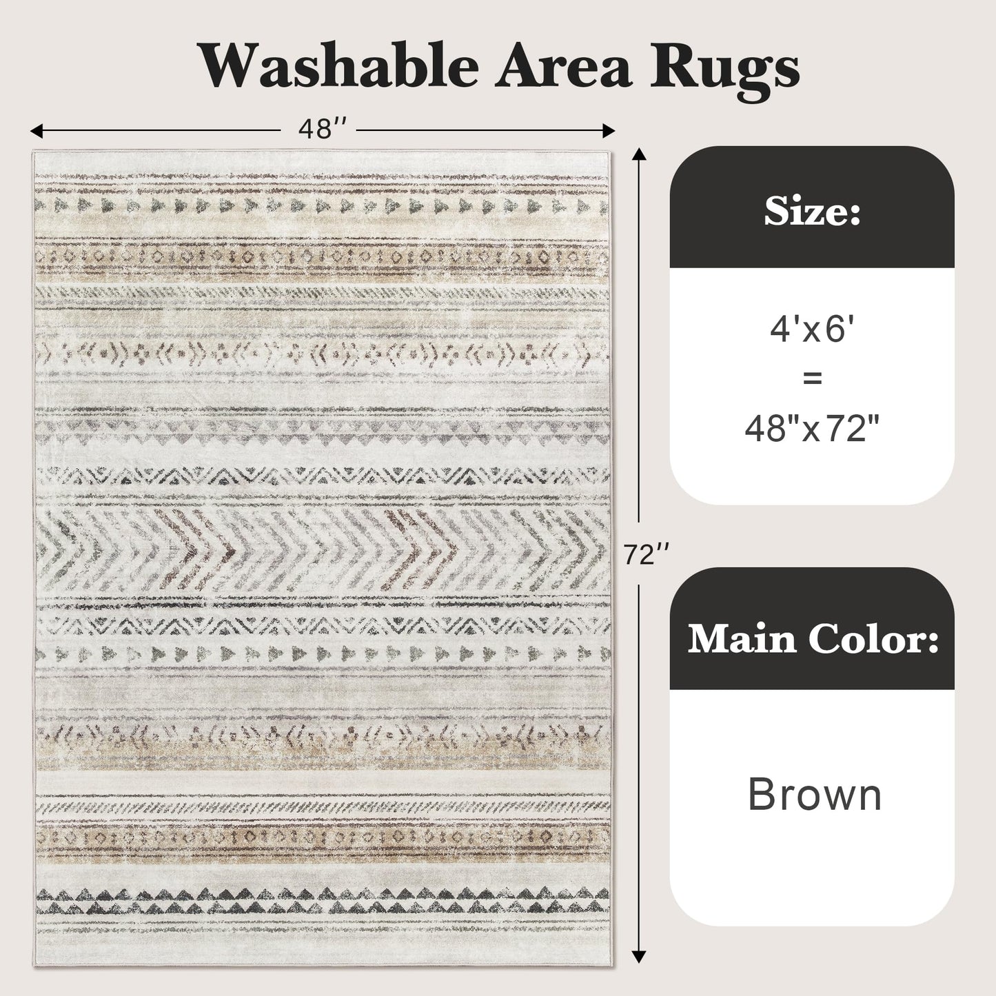 Art&Tuft 4x6 Rug, Super Soft Ultra-Thin Moroccan Washable Rug, Anti-Slip Backing Rugs for Living Room, Foldable Geometric Machine Washable (4'x6', Brown)