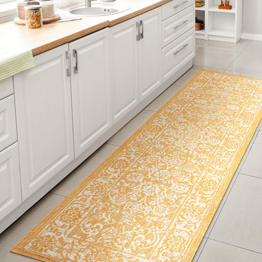 JONATHAN Y Weave Floral Indoor Outdoor Runner Rug 2X10 Yellow/Cream, Tela Bohemian Textured for Backyard, Patio, Porch, Easy-Cleaning, High Traffic, Pet-Friendly, Non-Shedding (SMB100E-210)
