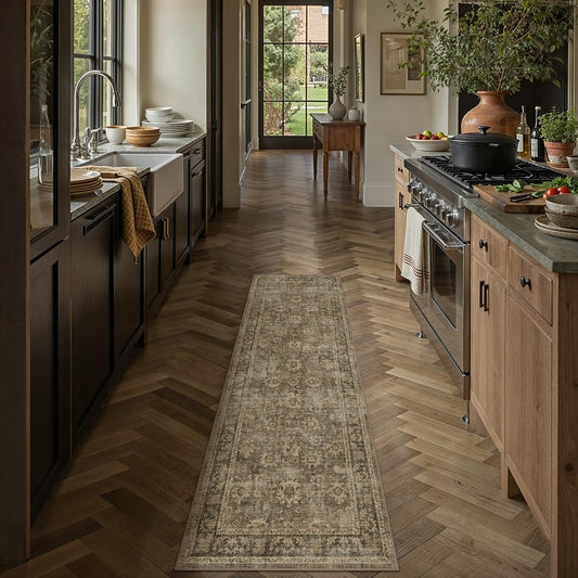 HUGEAR 2x6 Runner Rug Brown Machine Washable Rug Room Decor Vintage Distressed Hallway Rugs Low Pile Carpet Non Slip Washable Rugs for Kitchen Laundry Room Living Soft Lightweight