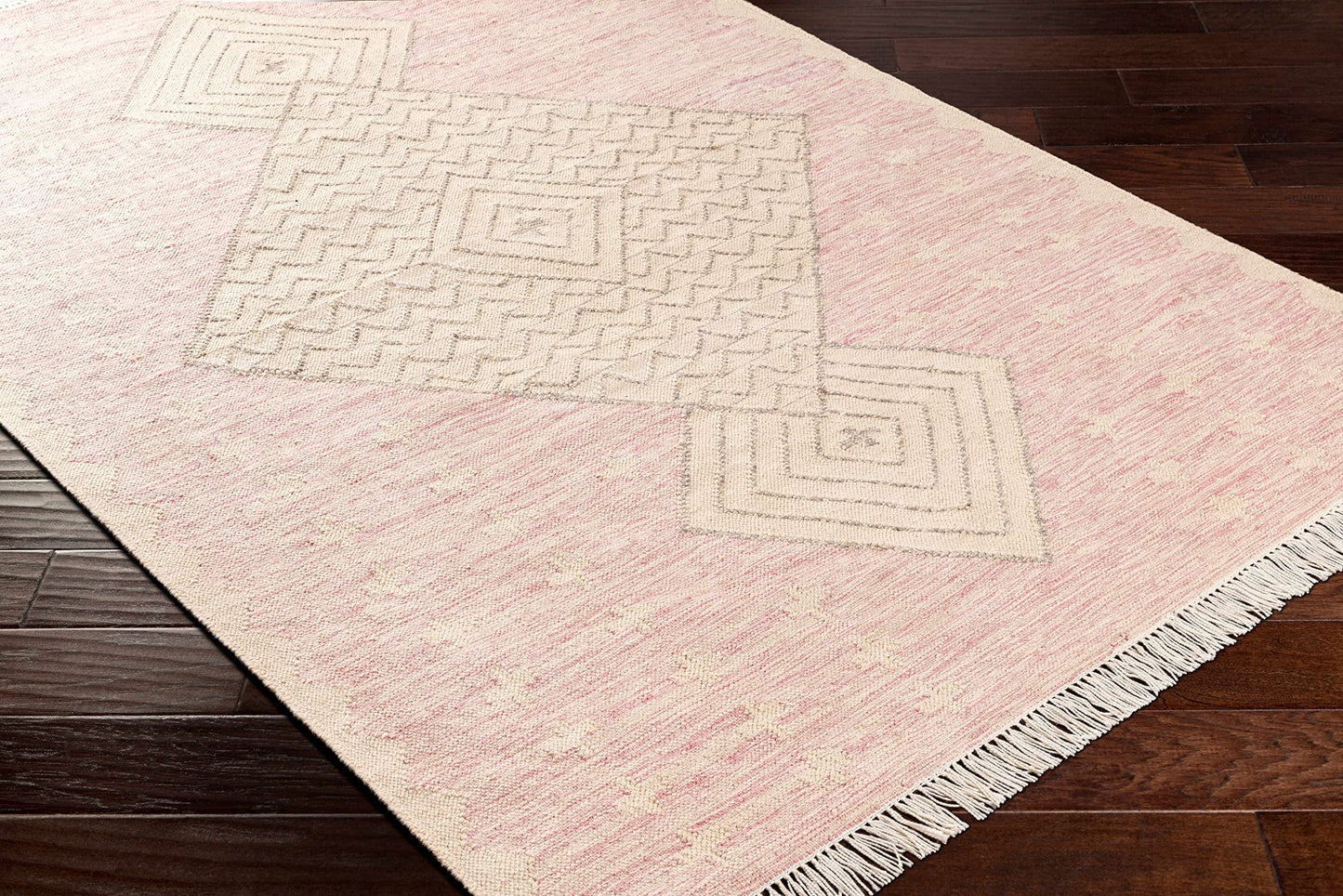 Hauteloom Sang Recycled Material Area Rug - Geometric Diamond Chevron Medallion Border - Bohemian Transitional Boho Tribal Moroccan - Dusty Pink, Dark Pink, Tan, Pink, Cream - 2' x 3'