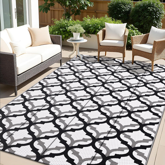 OLANLY Reversible Outdoor Rug 5x8 ft Clearance, Waterproof Outdoor Plastic Straw Rug with Interlacing Pattern, RV Mat for Patio, Camping, Balcony, Deck, Backyard, Black & White
