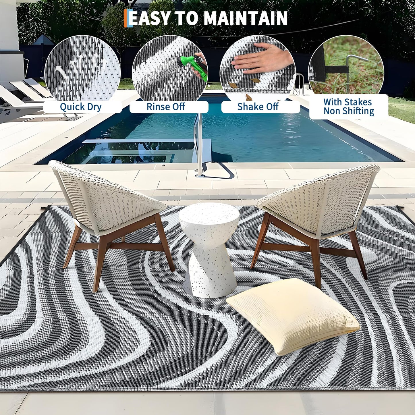 Garvee Waterproof Outdoor Rug for Camping 6x9 Abstract Outdoor Patio Rug Plastic Straw RV Rugs for Outside, Reversible UV Resistant Minimalist Mats for Picnic Backyard Deck Balcony, Black Grey