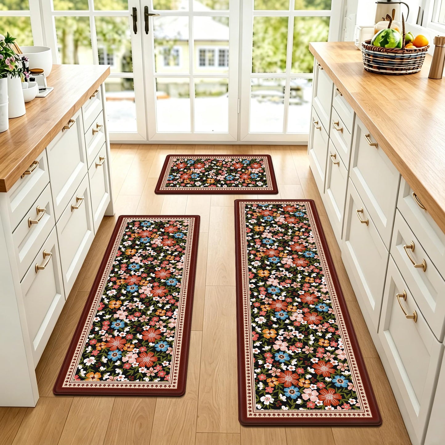 CHICNOOK Boho Vintage Floral Kitchen Rug Set of 3, Black Rustic Kitchen Mat
