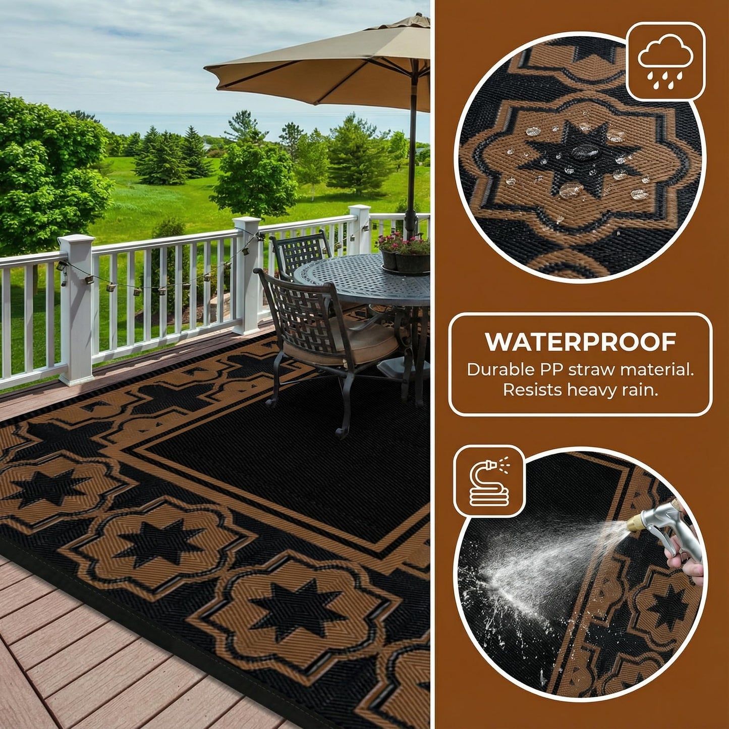 Haoyunll Outdoor Rug Geometric Black Brown 9x12 Waterproof, Extra Large Reversible Plastic Straw Outdoor Patio Rug 0.13" Thick for Backyard, Patio
