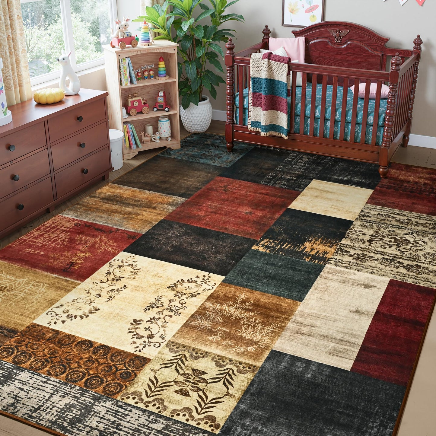 Tepook Modern Area Rug for Living Room, 8x10 Geometric Large Rugs for Bedroom, Washable Patchwork Rug Indoor Non-Slip Throw Carpets for Dining Room Office Farmhouse Home Decor, Multi