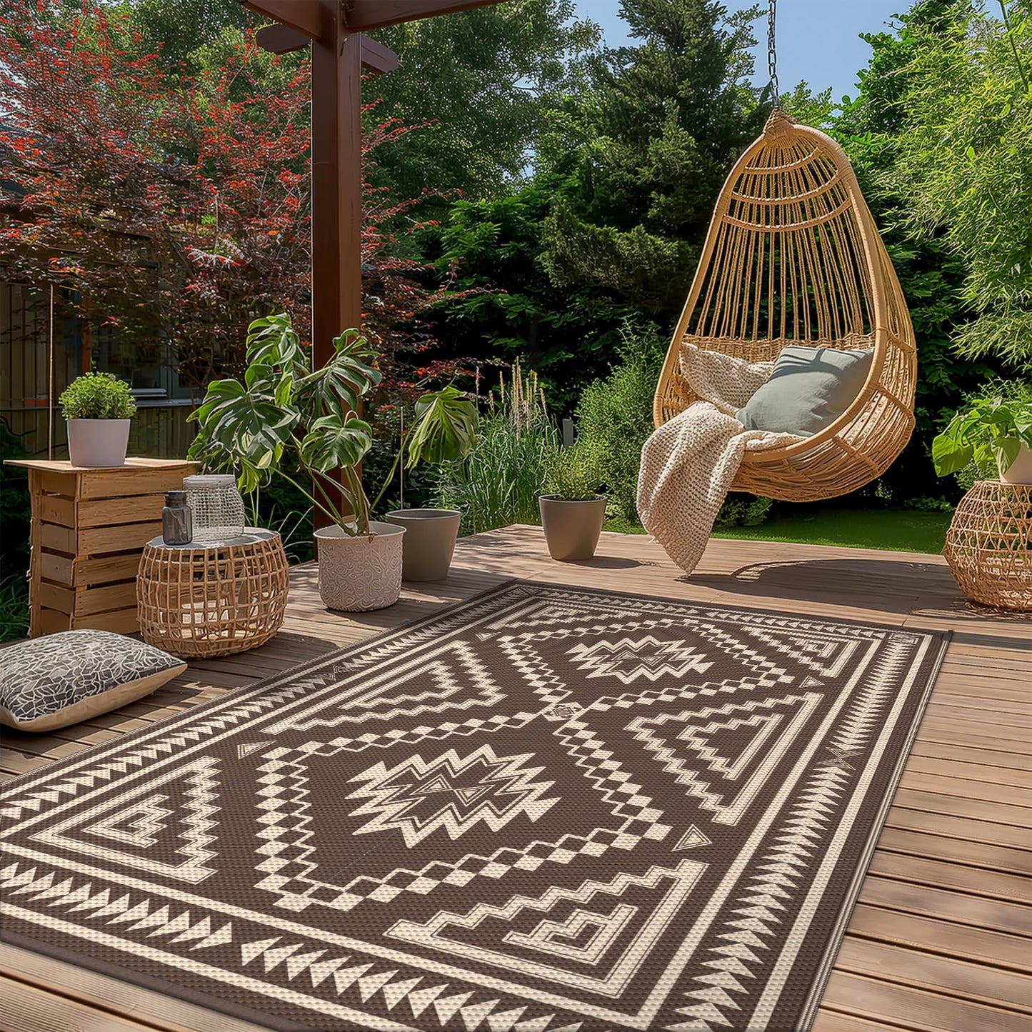 GENIMO Outdoor Rug for Patio Clearance - 9x12 ft Waterproof Plastic Camping Rugs, Reversible Outside Rv Mat Carpet for Porch, Deck, Picnic, Balcony, Beach, Backyard, Coffee Beige