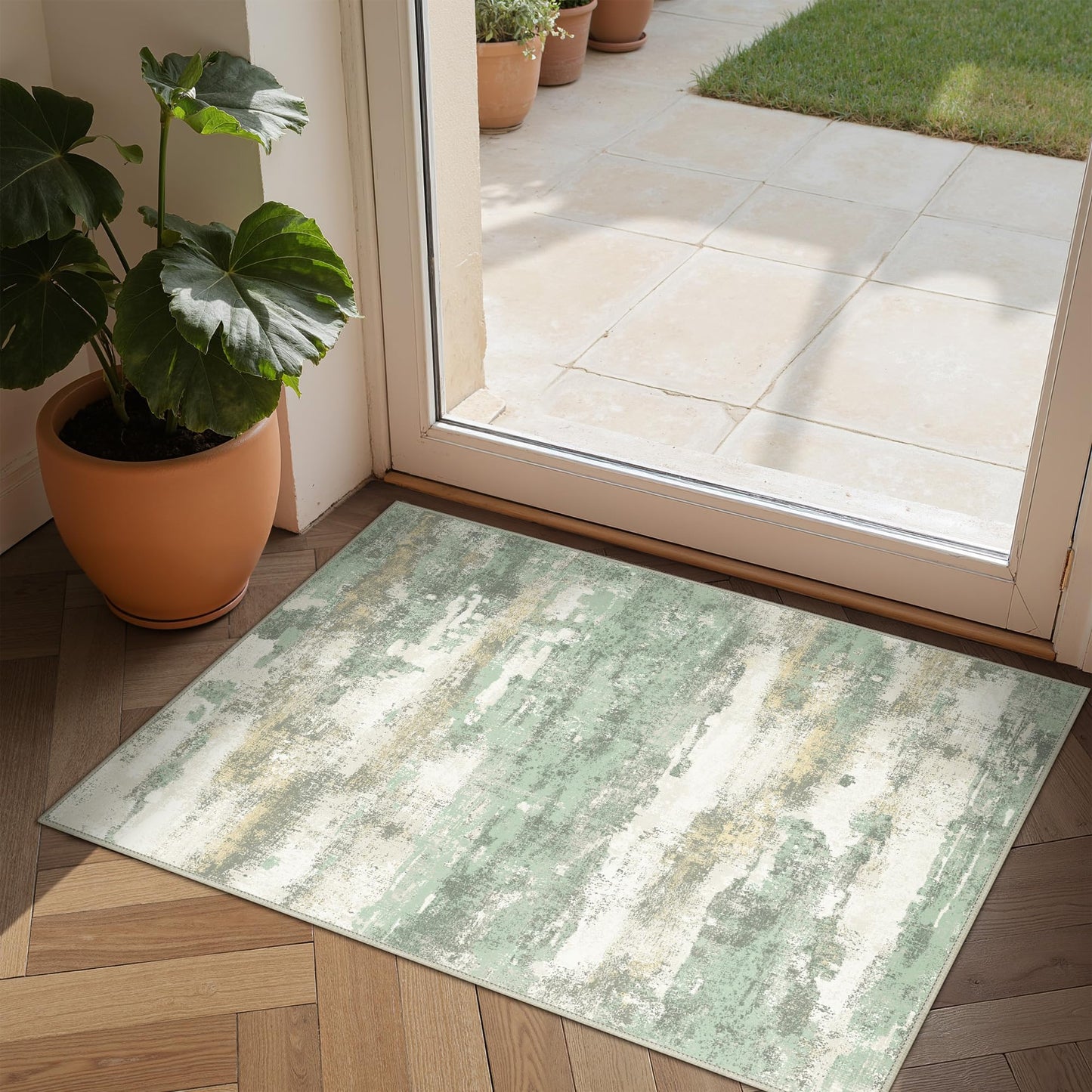 BEIMO 2x3 Rugs for Entryway Entrance Kitchen Bathroom, Machine Washable Modern Abstract Soft Area Rug Door Mat, Low Pile Indoor Floor Carpet with Non Slip Backing, Light Green