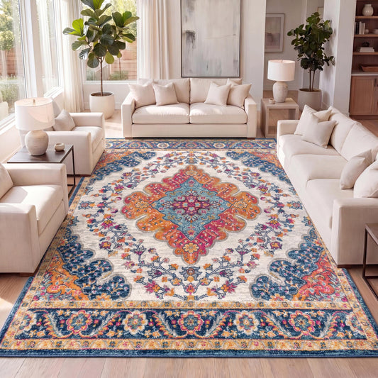 JONATHAN Y Boho Vintage Blue/Multi Indoor Area Rug, 4x6, Bohemian Flair Medallion, Floral Easy-Cleaning High Traffic for Living Room, Bedroom, Kitchen, Pet-Friendly, Non-Shedding (BMF106A-4)